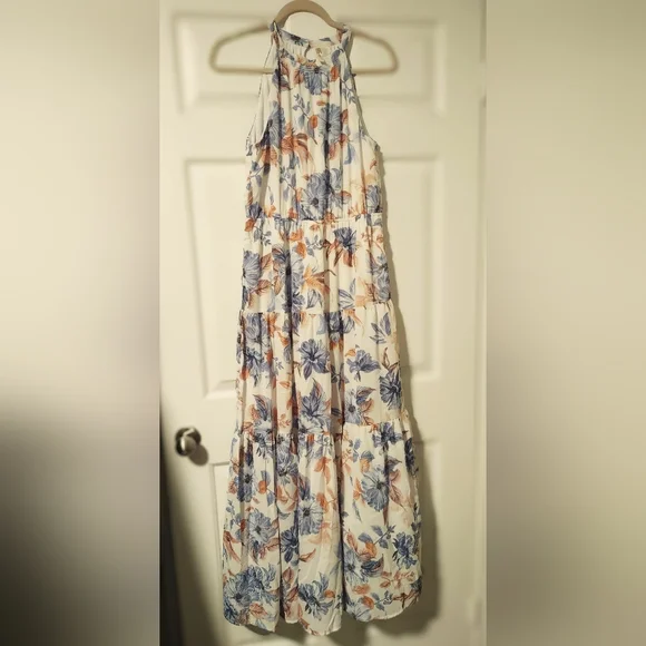 NWT JAPNA Maxi Dress White Blue Floral Halter Lined Maxi Dress Women’s Sz Large - Picture 1 of 10